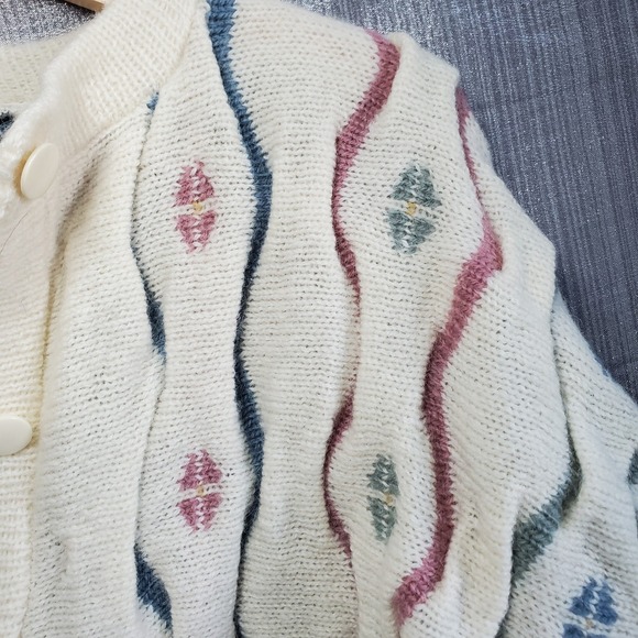 Tulchan 100% Pure New Wool Cardigan Sweater Cream Multicolor Geometric grandma - Picture 13 of 13